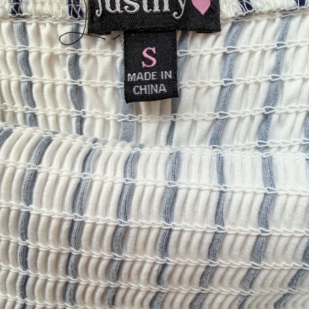 Justify White and Navy Smocked Strapless Striped Jumpsuit Wide Leg Small - Picture 4 of 4
